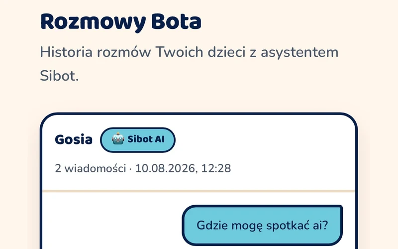 Panel rodzica, sekcja Rozmowy z Sibotem: wpis z imieniem dziecka, liczbą wiadomości i datą, a pod nim treść rozmowy.