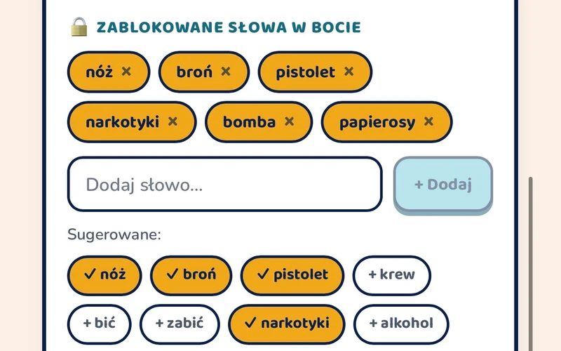 Panel rodzica, sekcja Zablokowane słowa: lista dodanych słów, pole dodawania nowego i gotowe podpowiedzi.